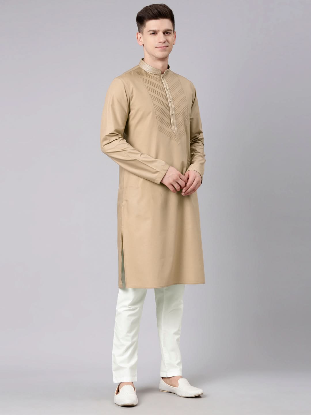 Beige Pleated Cotton Kurta Set