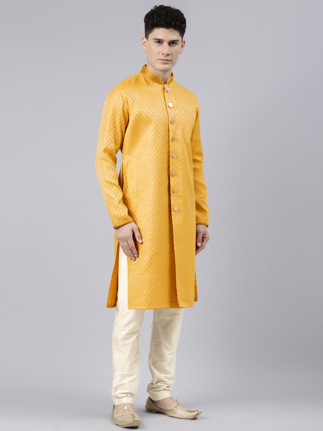 Mustard Diamond Booti Front Open Kurta Set