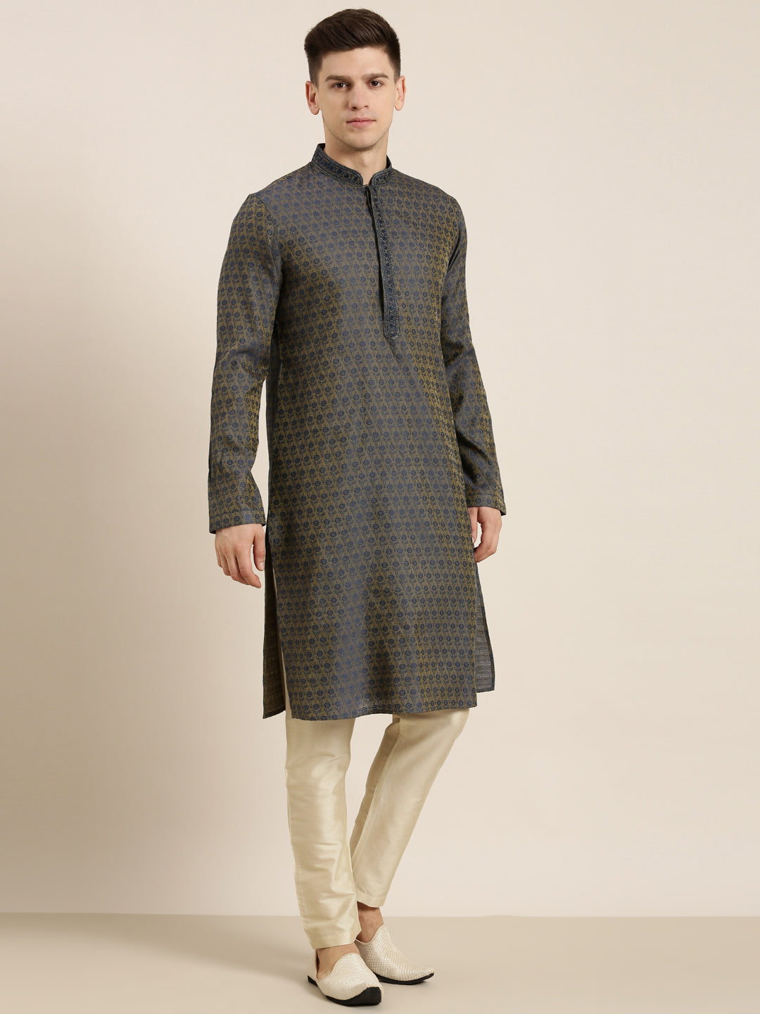 Navy Banarasi Jacquard Kurta Set