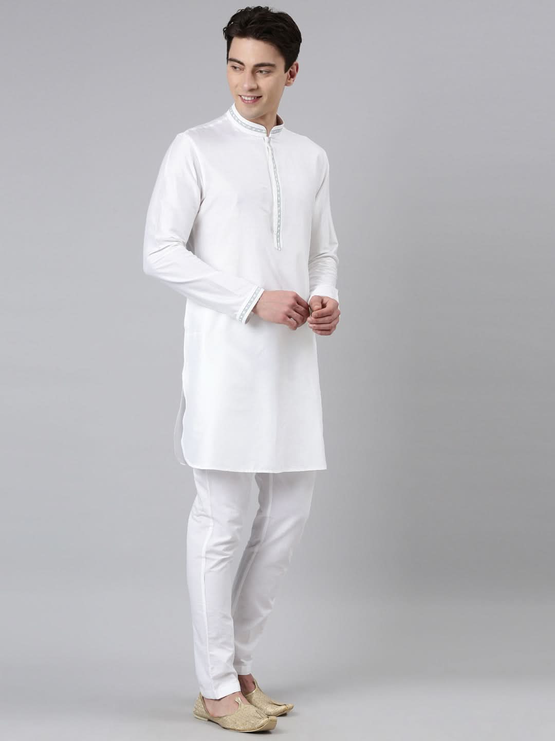 Aqua Blue Chanderi Jacket with White Short Kurta