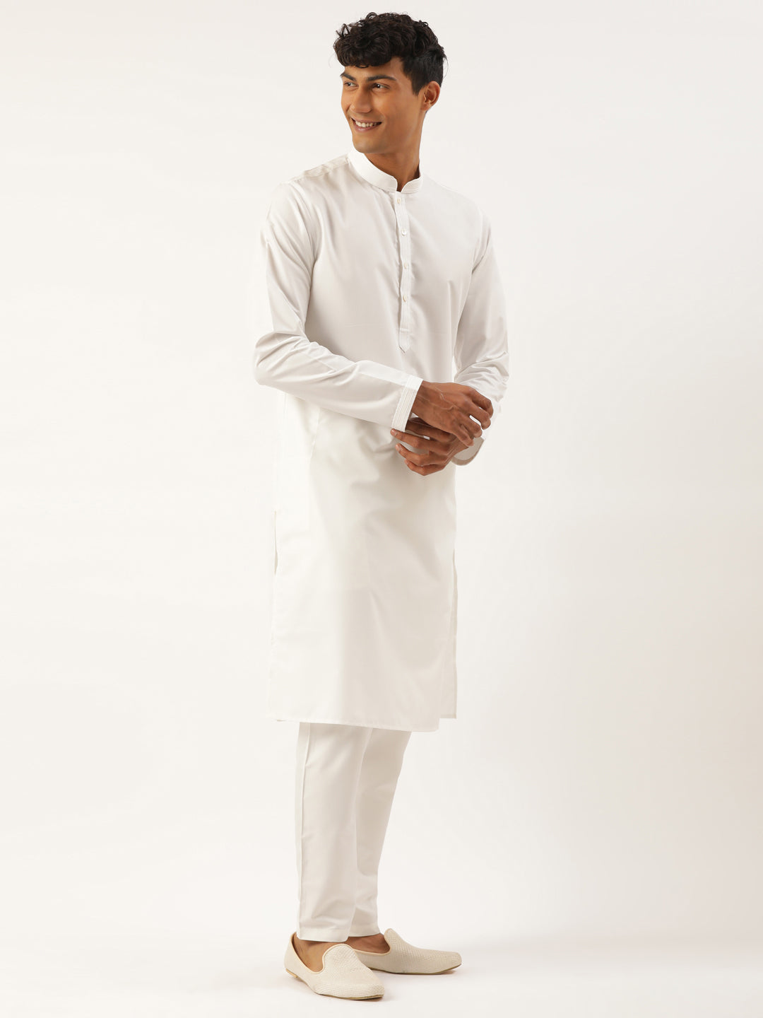Teal Blue Cotton Jacket With White Kurta