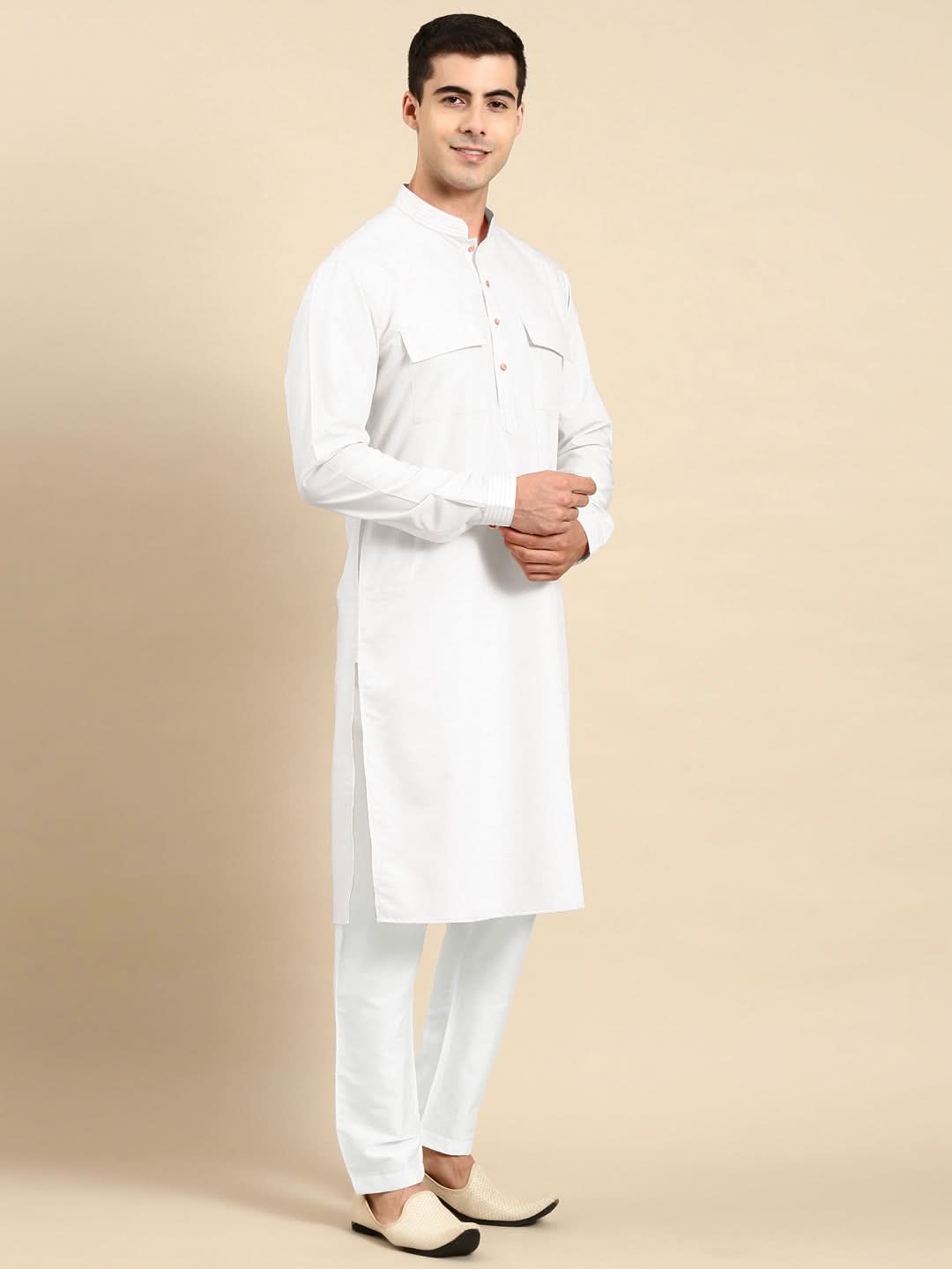 White Cotton Pathani Kurta Set with Patch pocket