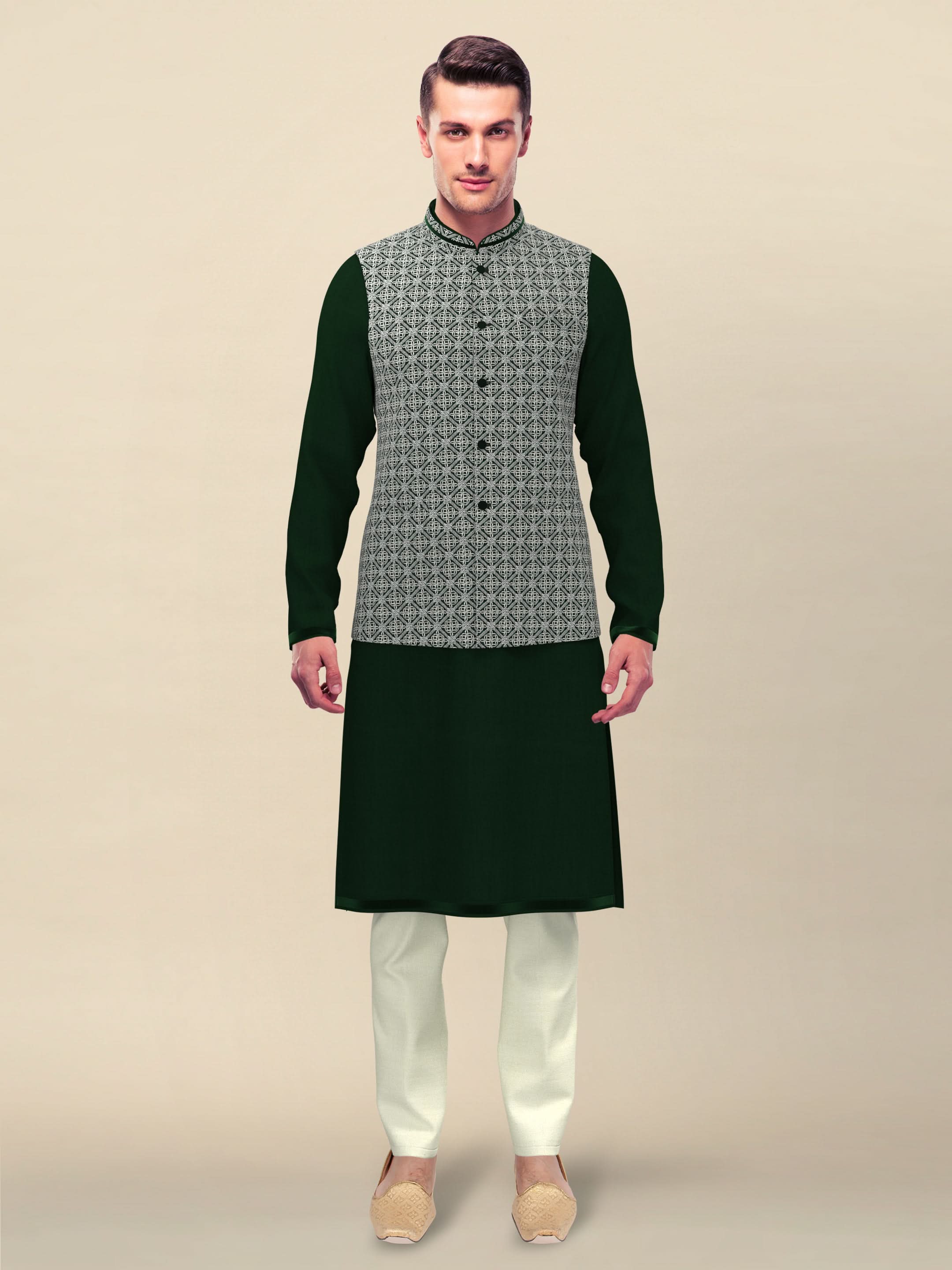 Green Velvet Embroideried Jacket With Green Kurta Set