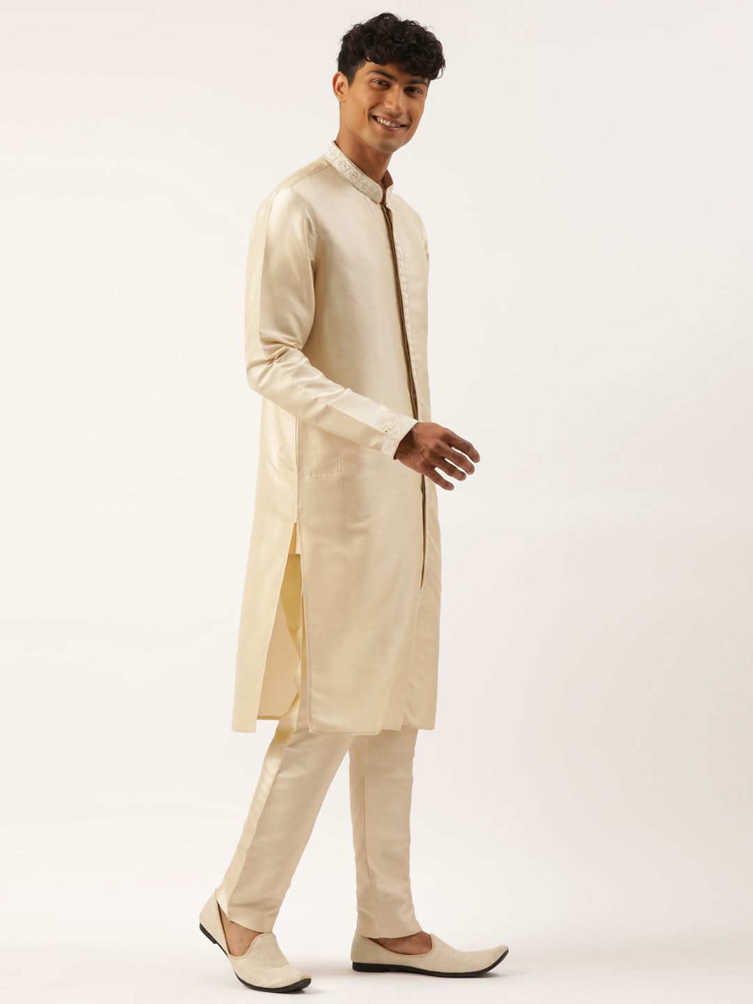 Cream Shimmer Embroidery Indowestern with Kurta Set