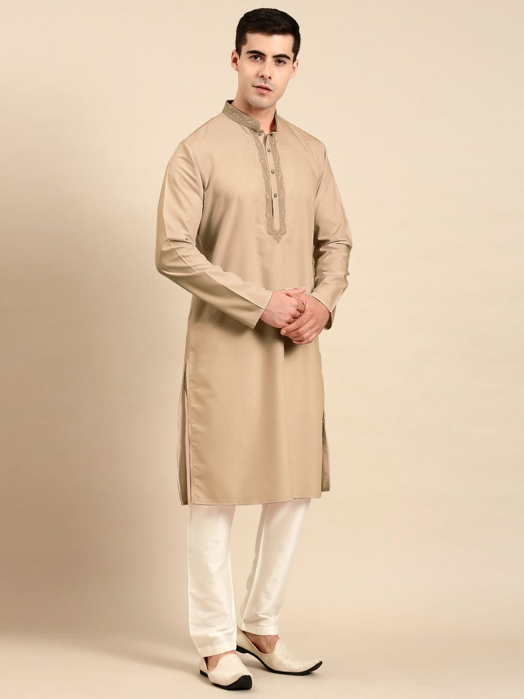 Beige Cotton Dori Embroidered Kurta Set