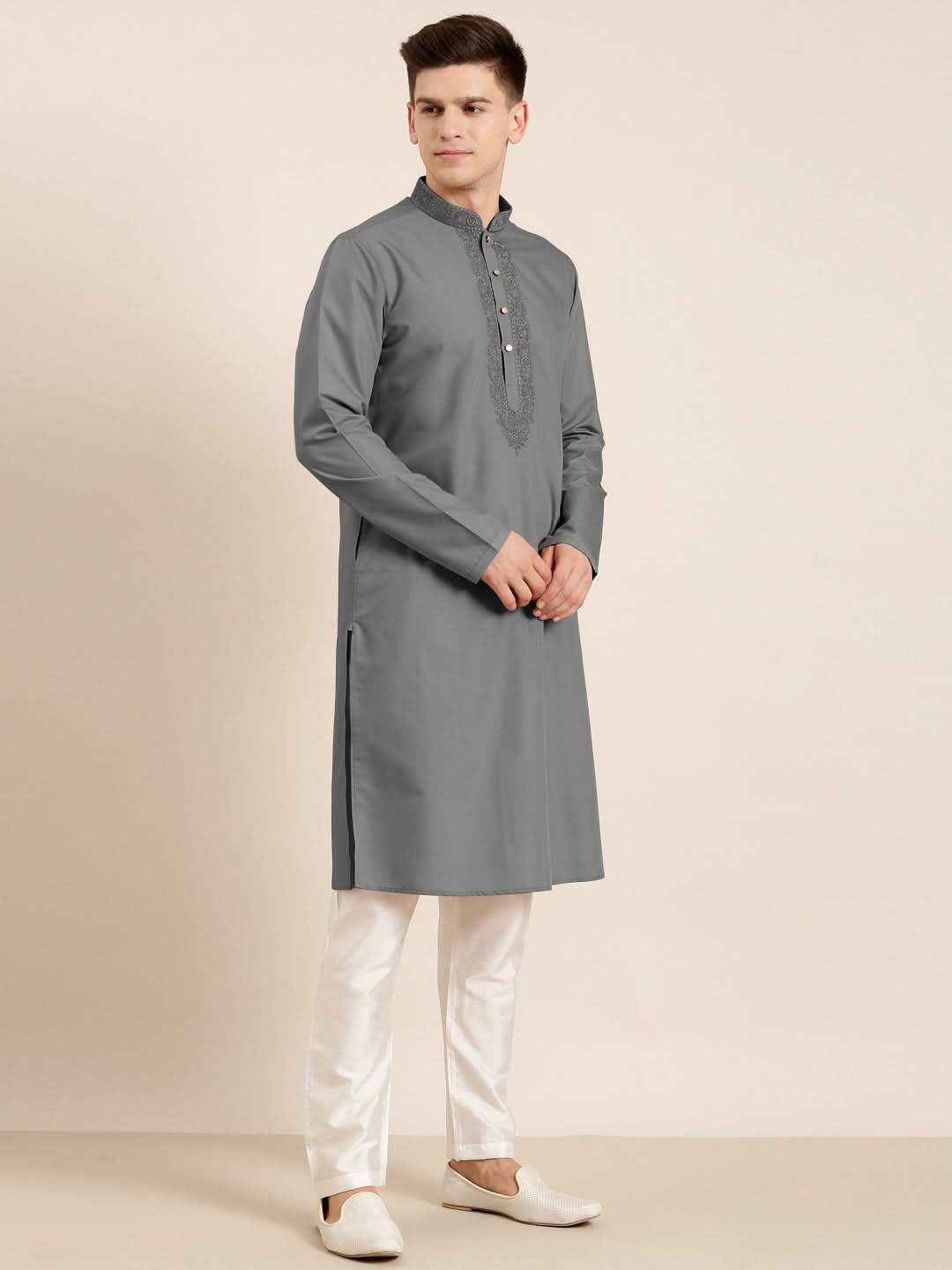 Grey Cotton Dori Embroidered Kurta Set