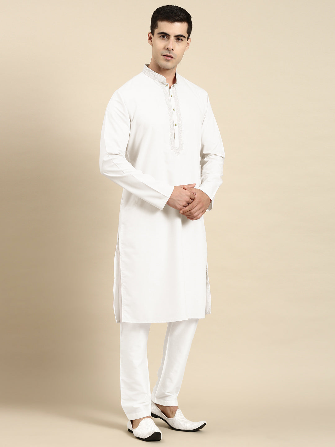 Off White Cotton Dori Embroidered Kurta Set