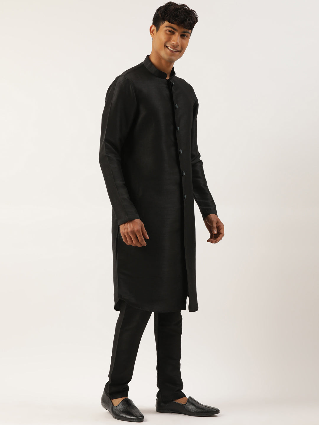 Black Jacquard open Indowestern Set
