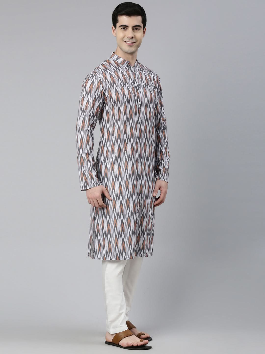 Grey Ikat Printed Kurta Set