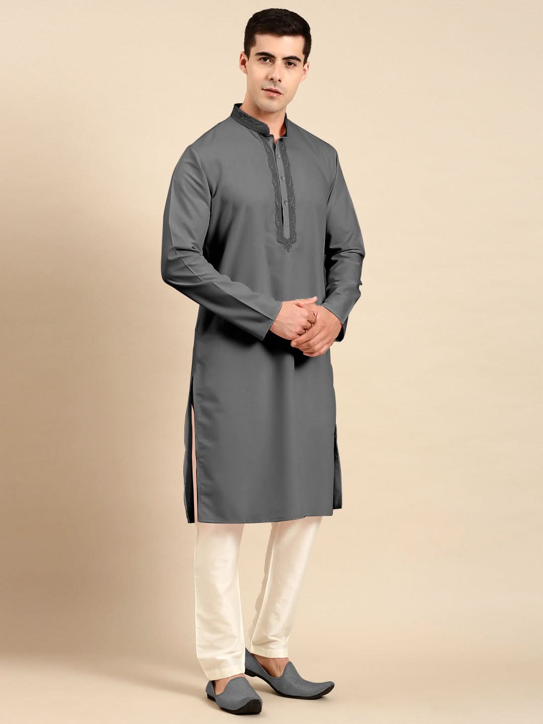 Grey Cotton Dori Embroidered Kurta Set