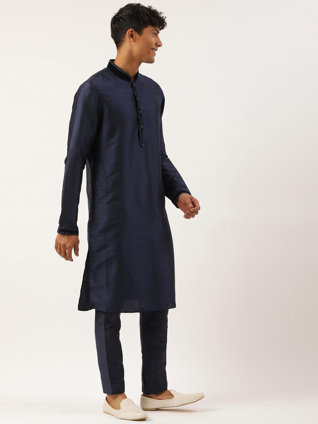 Grey Jacquard Jacket With Mid Night Blue Kurta Set