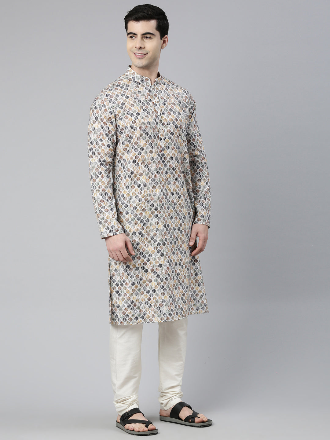 Beige Leaf Printed Kurta Set