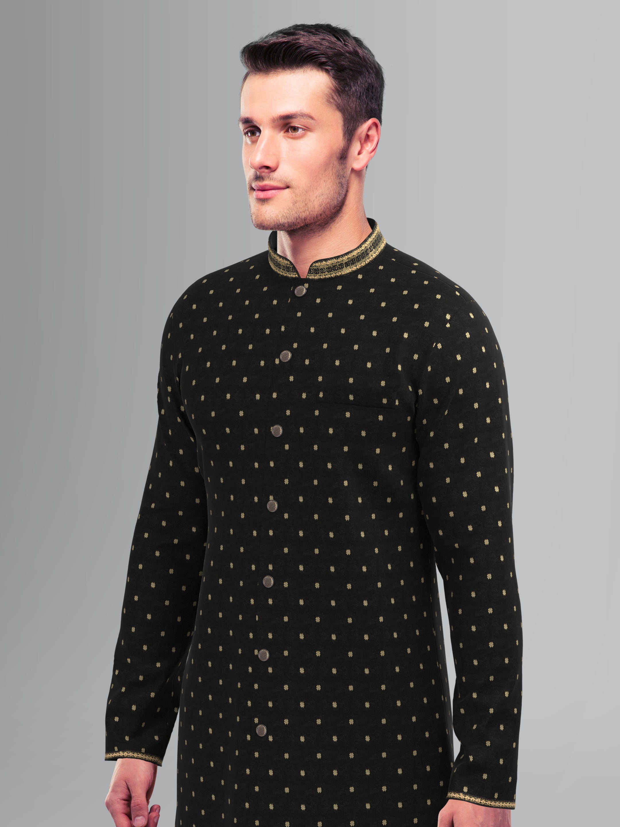 Black Chanderi Front Open Kurta Set