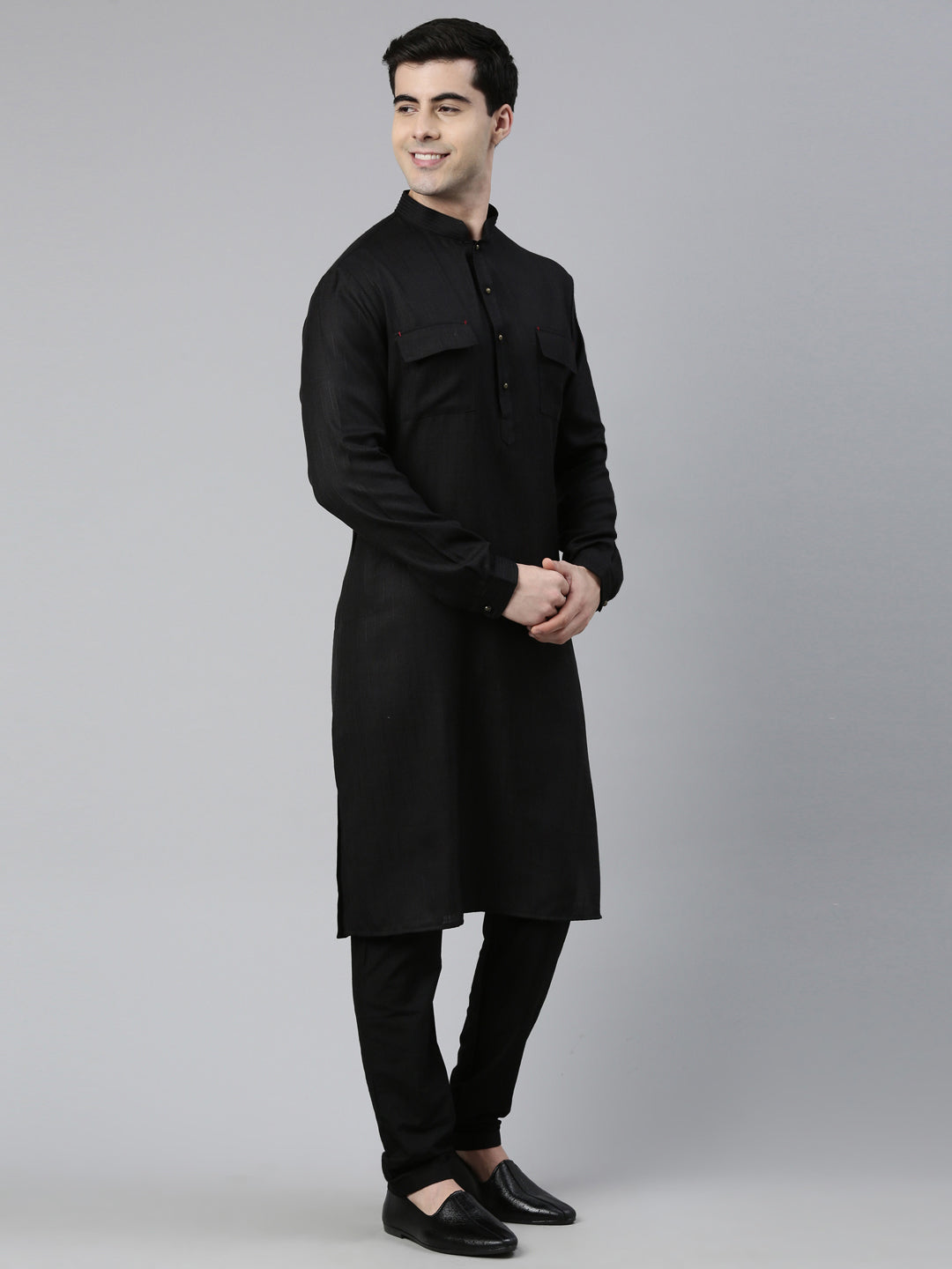 Black Cotton Pathani Kurta Set with Patch pocket