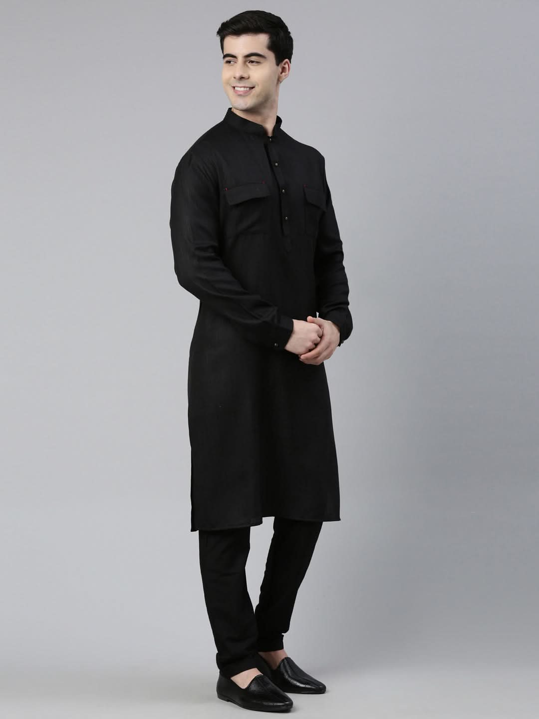 Black Cotton Pathani Kurta Set with Patch pocket