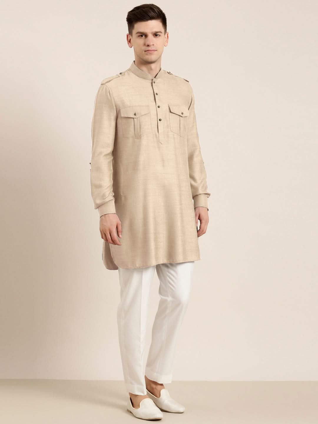 Beige cotton Short Pathani