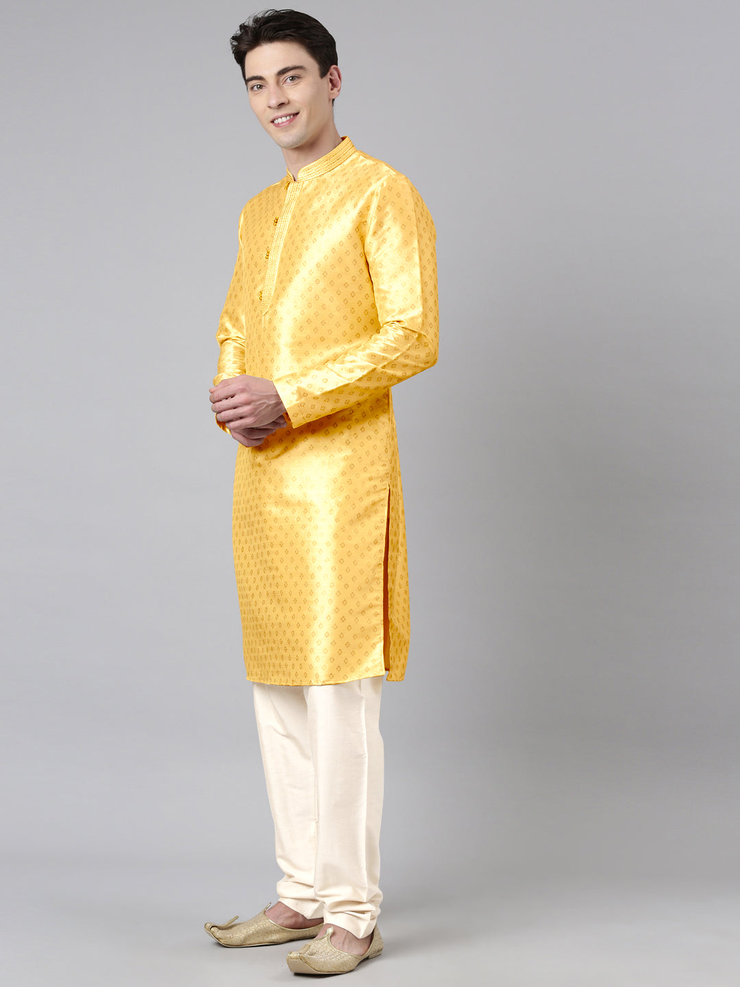 YELLOW SILK GOLD PRINTED KURTA SET