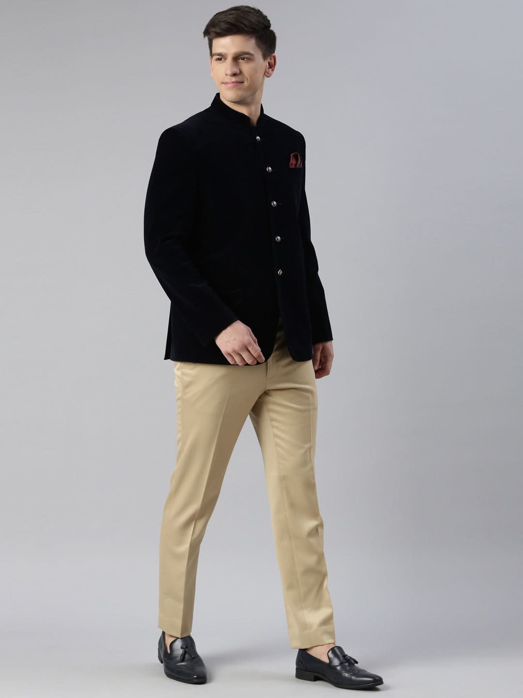 Navy velvet patch pocket jodhpuri set