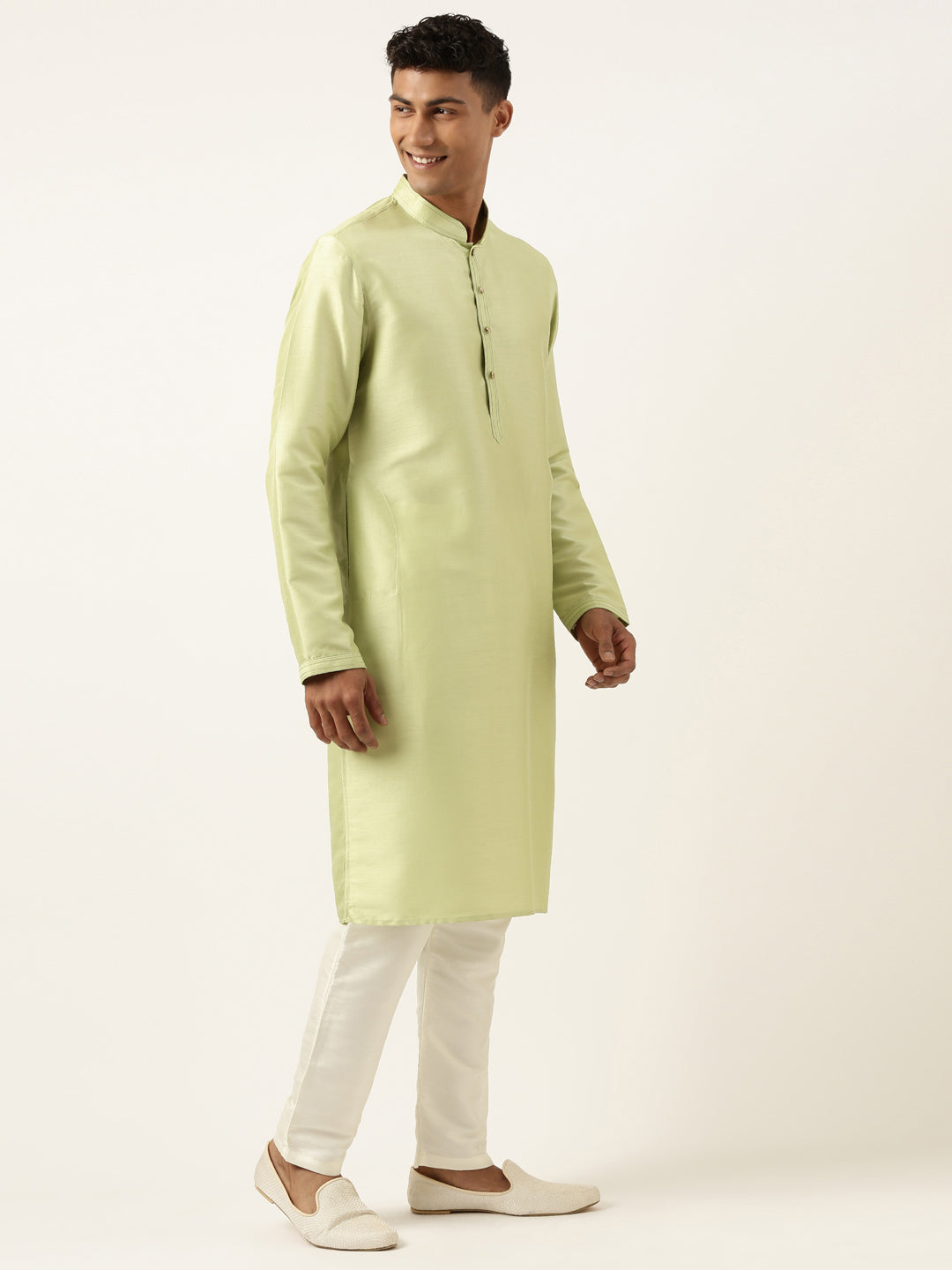 Cream Green Embroiderd Layered Long Jacket Kurta Set