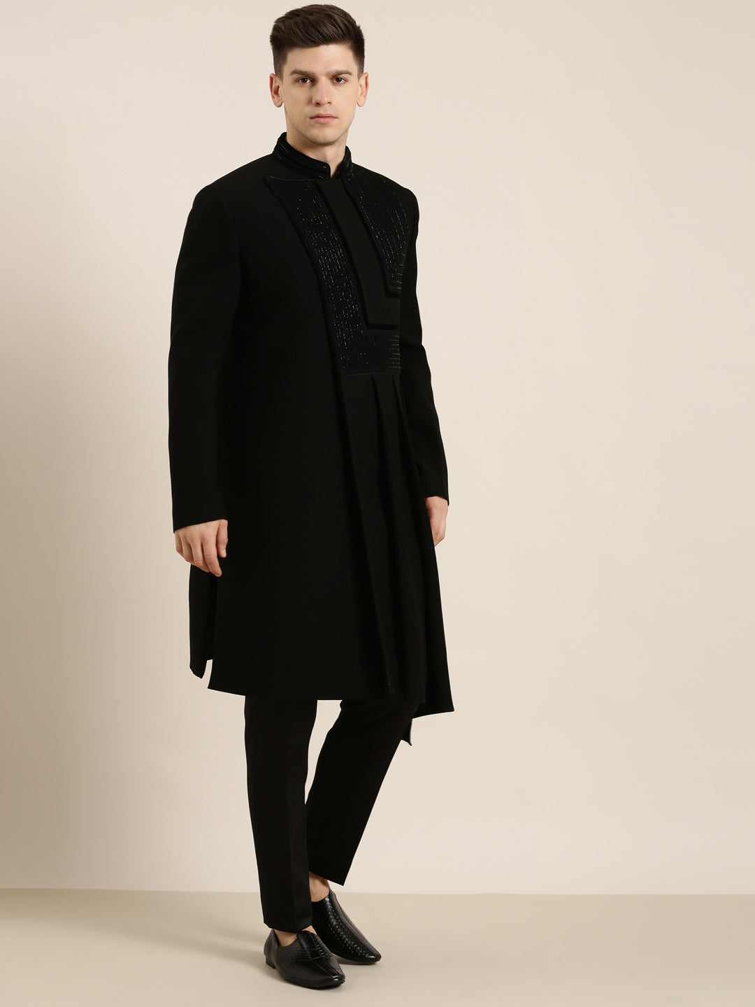 Black Draped Embroidered Indowestern