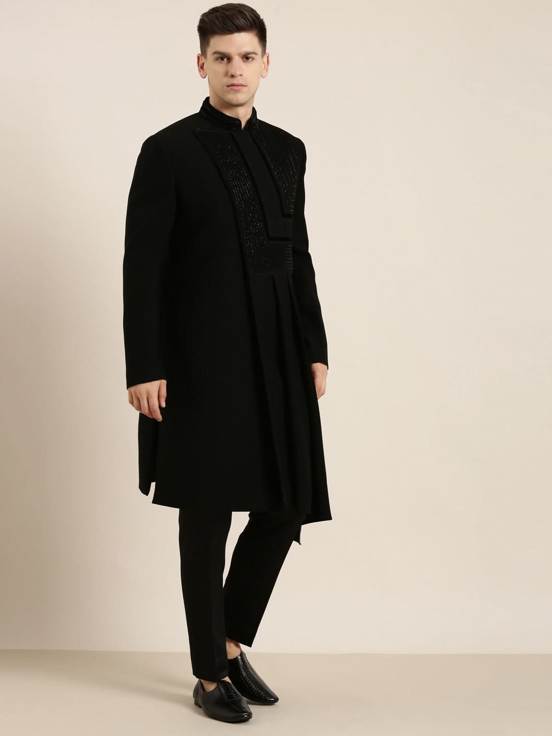 Black Draped Embroidered Indowestern