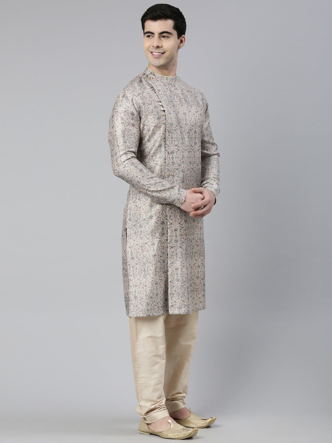 Cream Floral Block Printed Angrakha Full Open Chanderi Silk kurta set