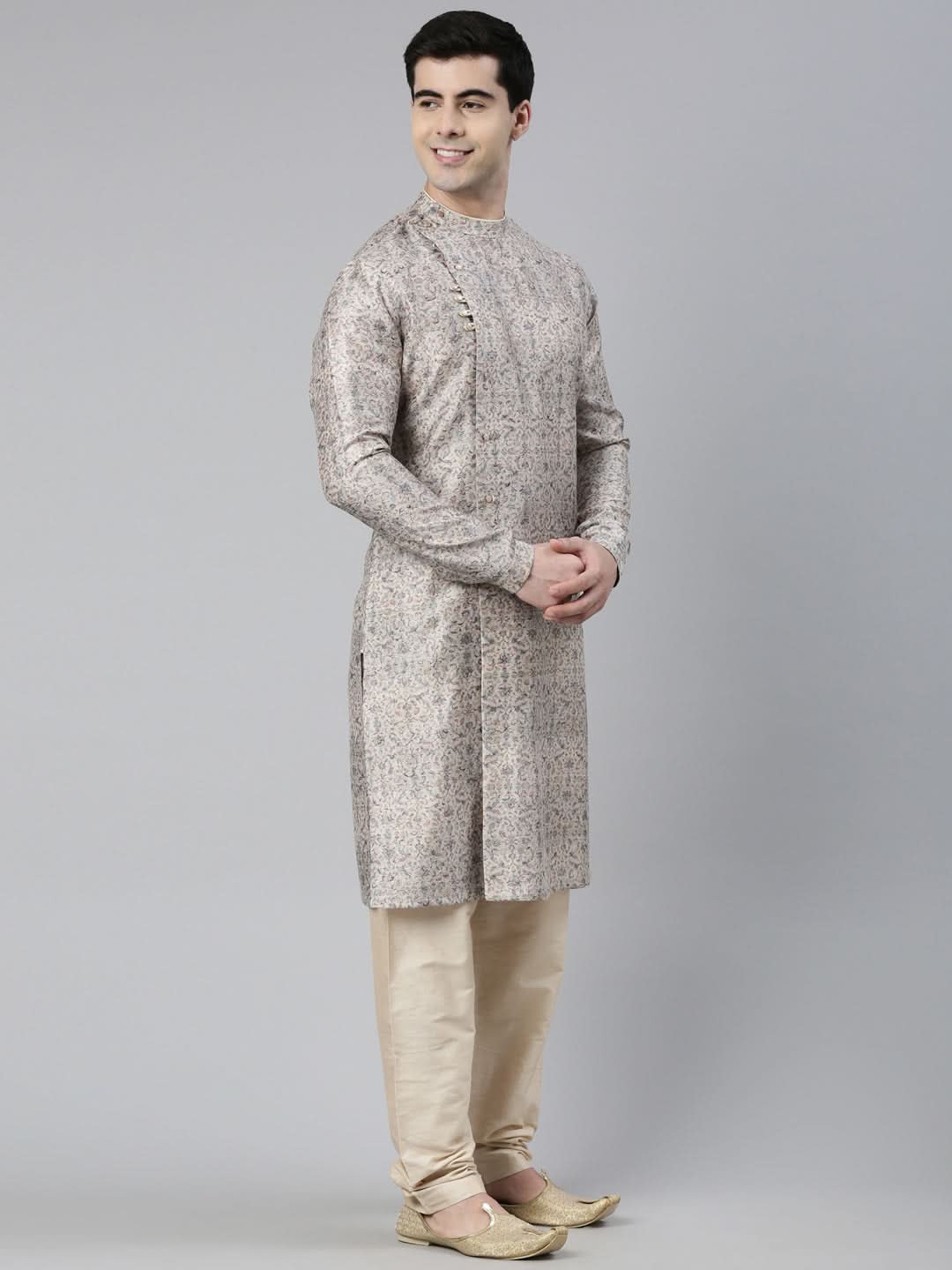 Cream Floral Block Printed Angrakha Full Open Chanderi Silk kurta set