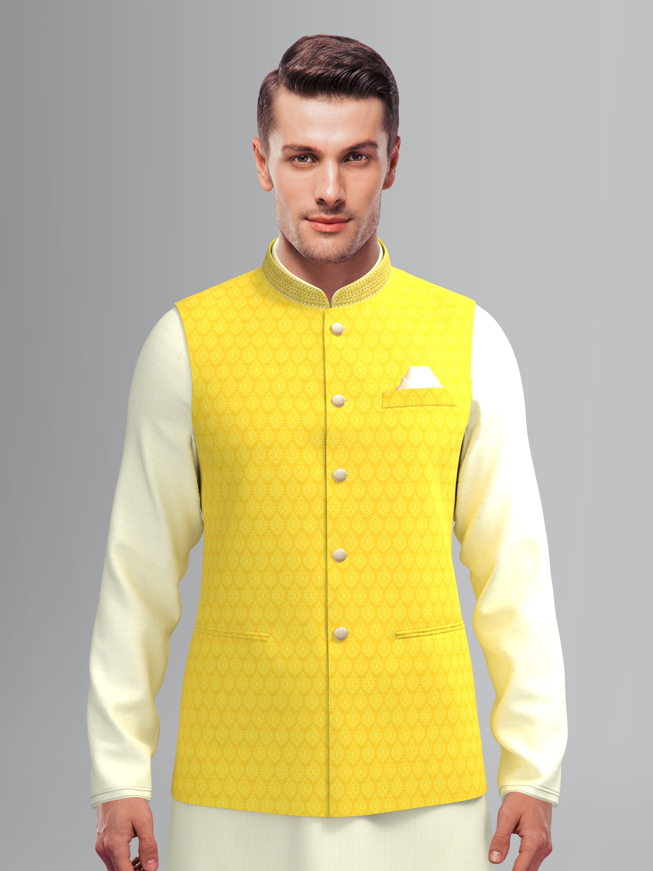 Yellow Jacquard Jacket with Kurta set