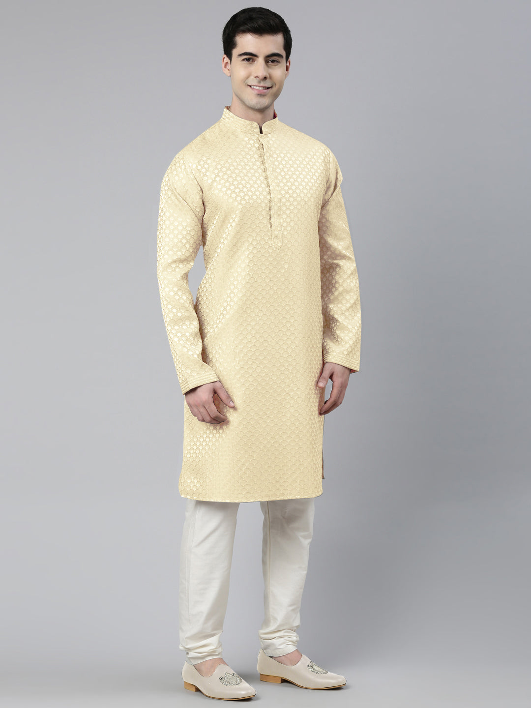 Cream Scallop Premium Self- Design Kurta Set
