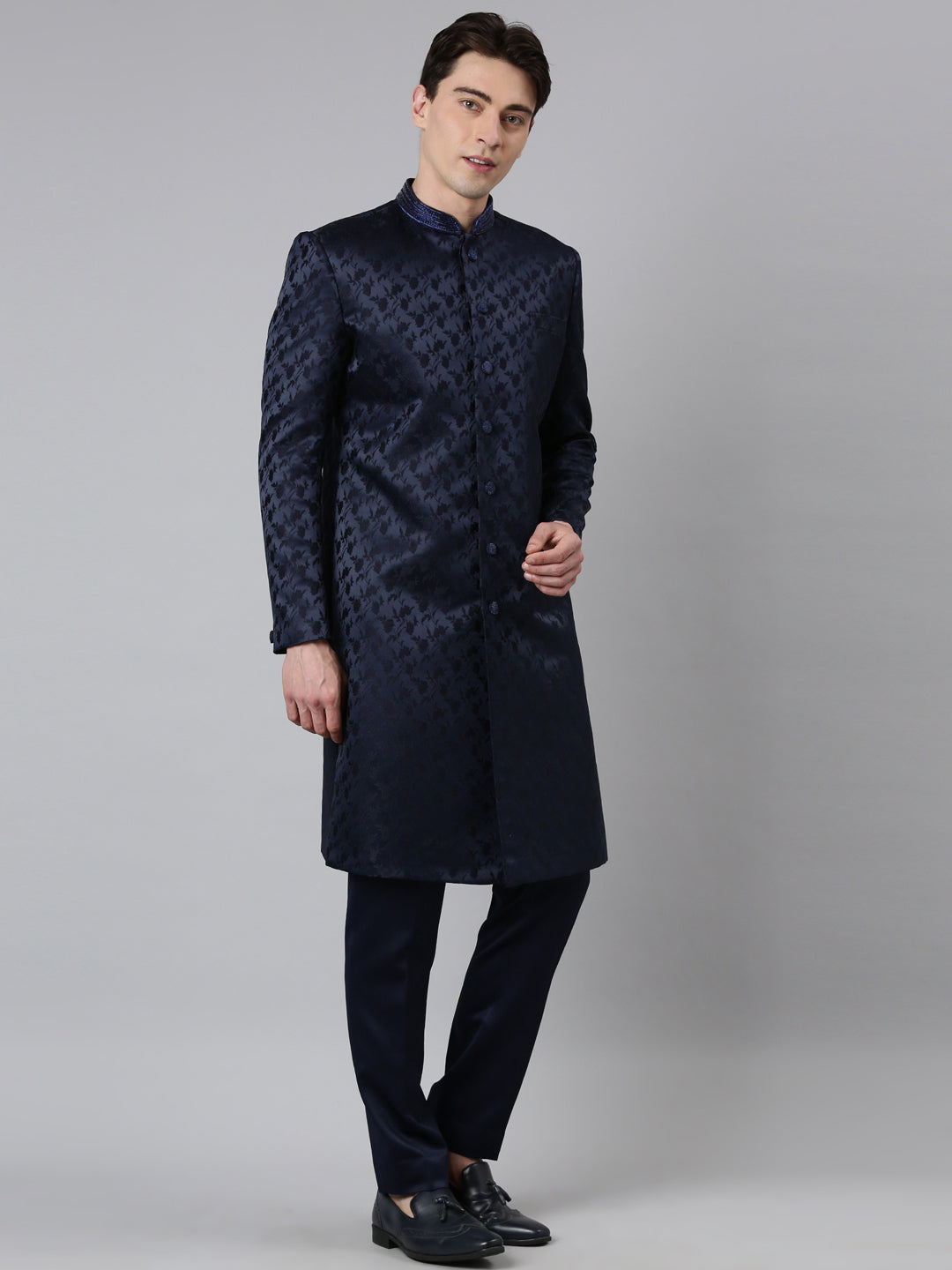 Navy Jacquard Achkan