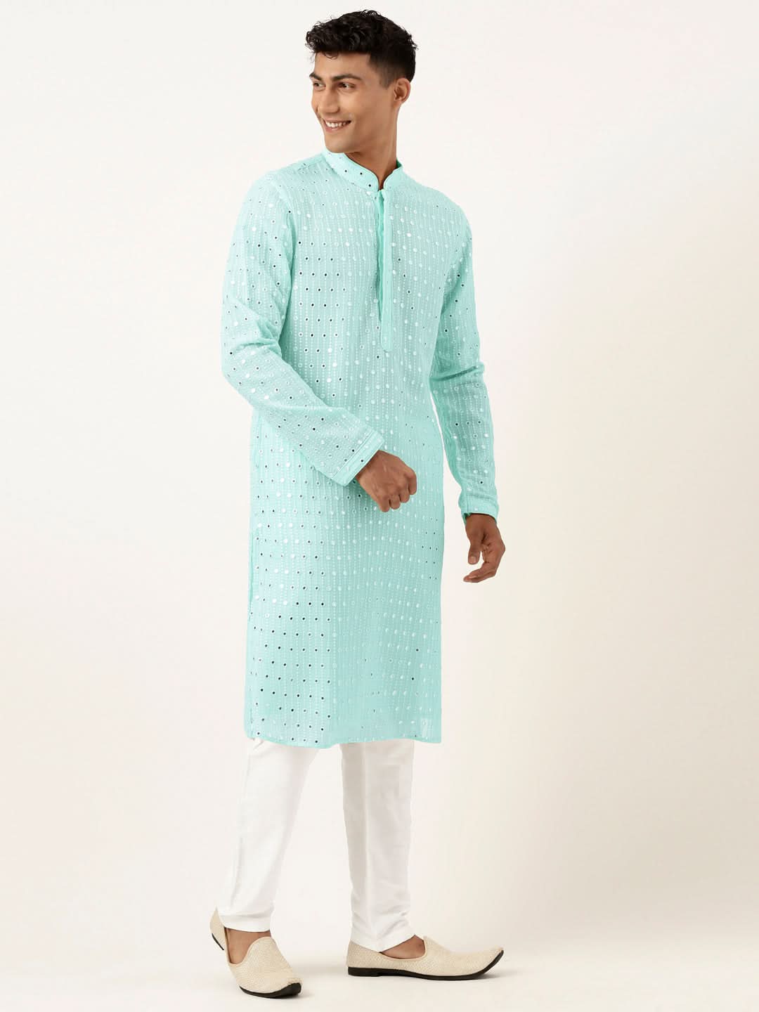 Aqua Blue Mirror Embroidered Gerogette Kurta Set