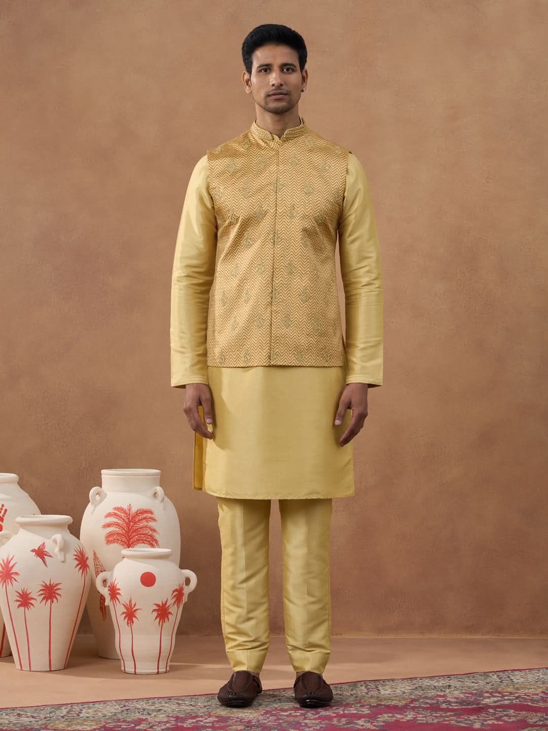 Gold Herringbone Printed Bundi Kurta Set