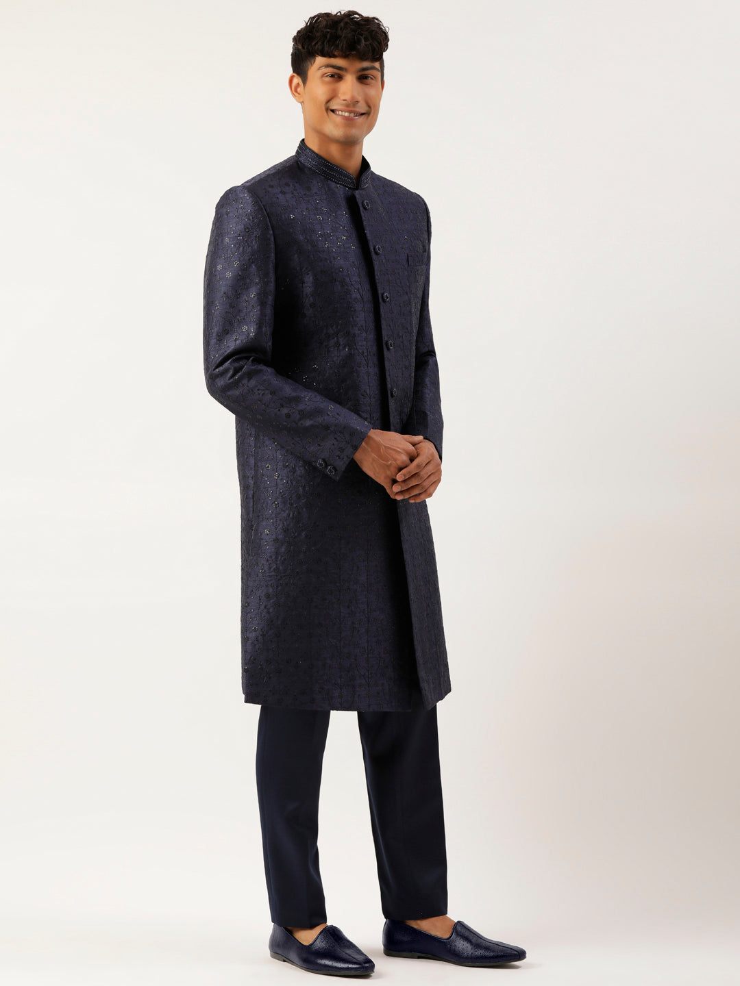 Navy Silk Embroidered Indowestern Set