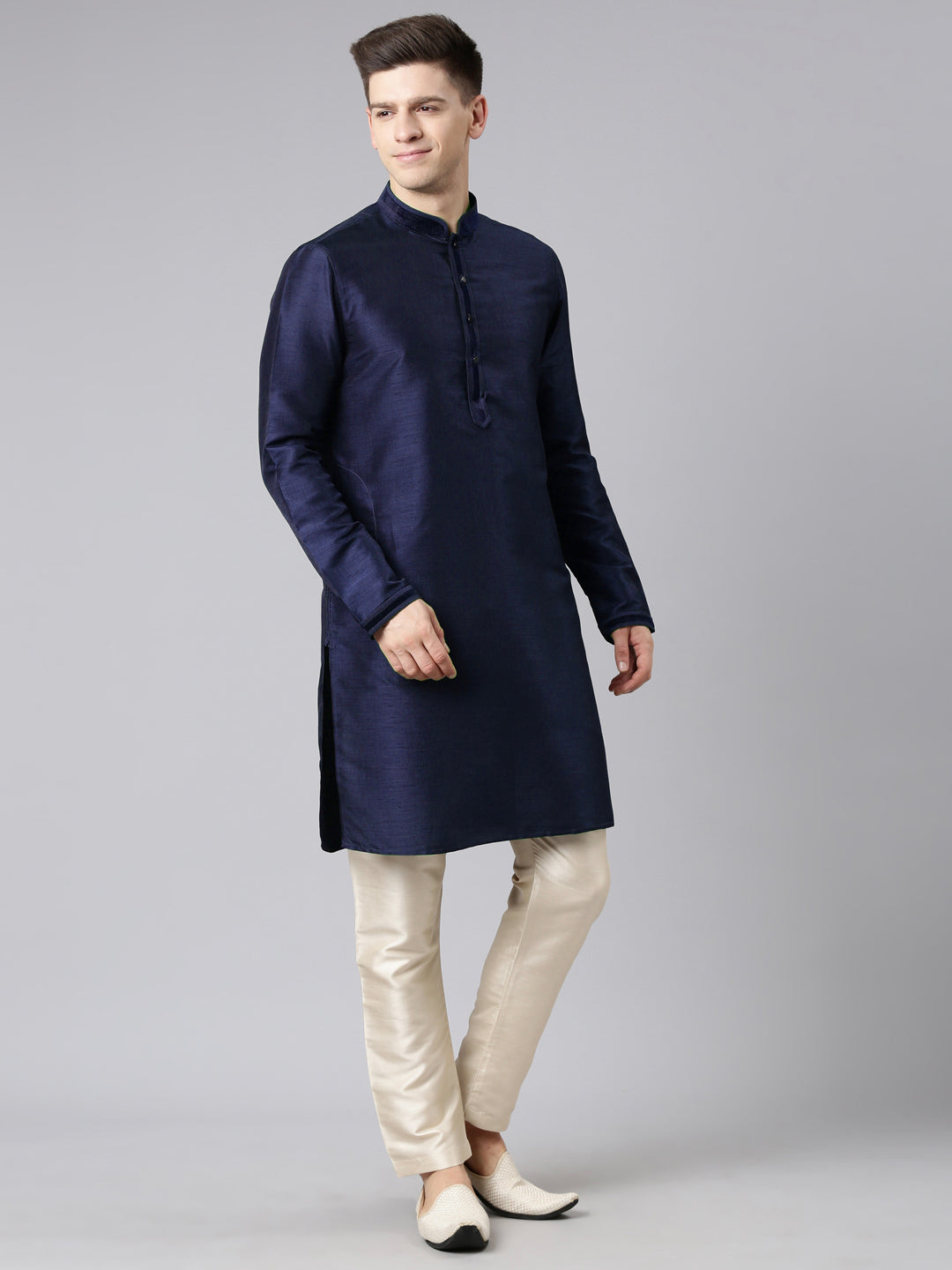 Dark Blue Layered lapel Style Jacket Kurta Set