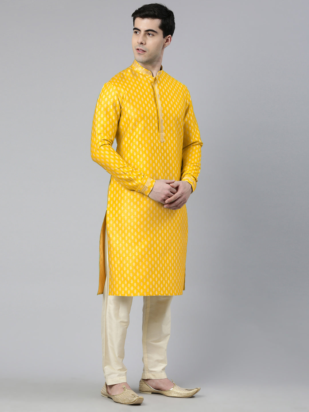 Yellow Banarasi Jacquard Jacket And Kurta Set