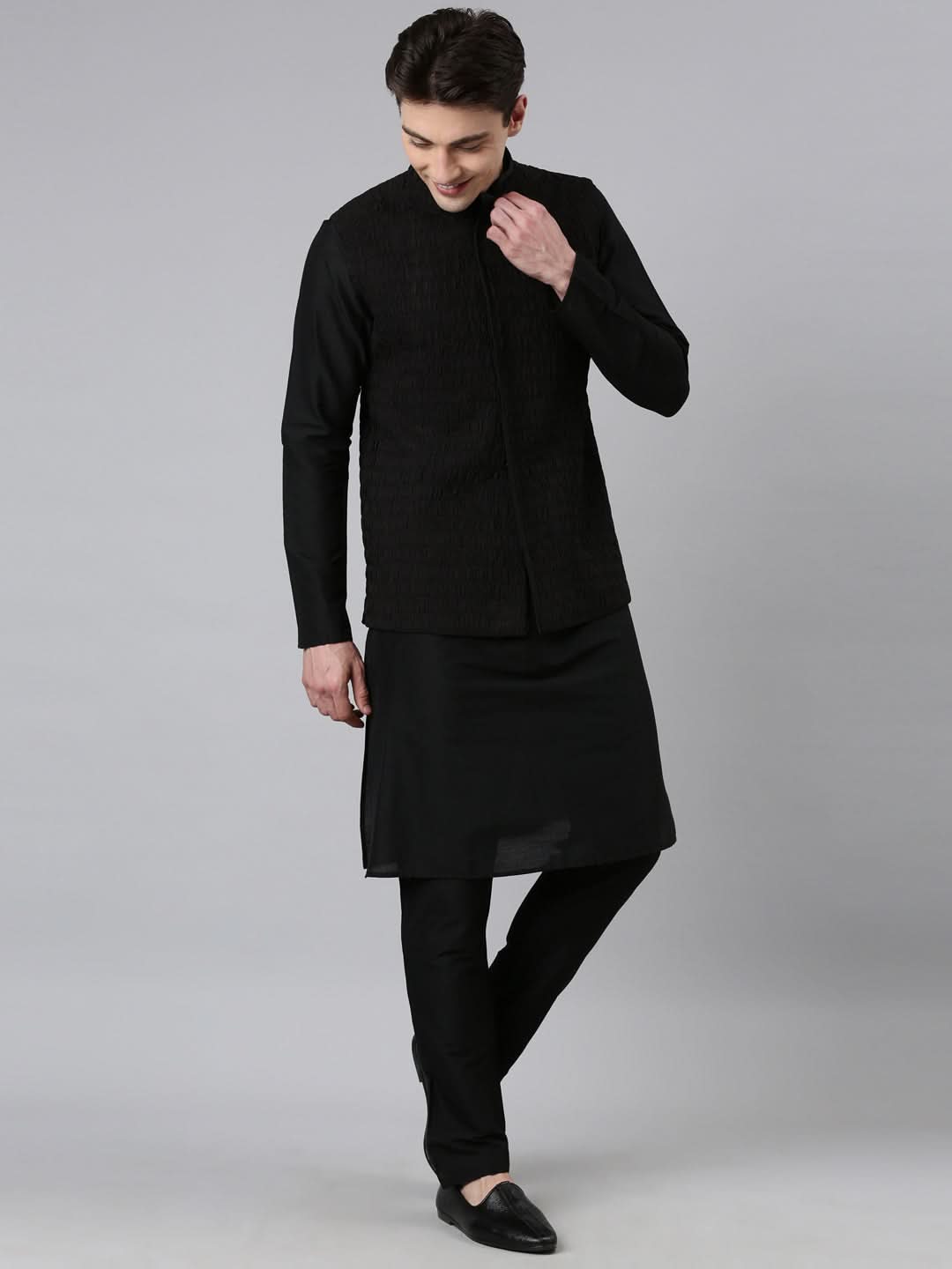 Black Ruching Jacket Kurta Set