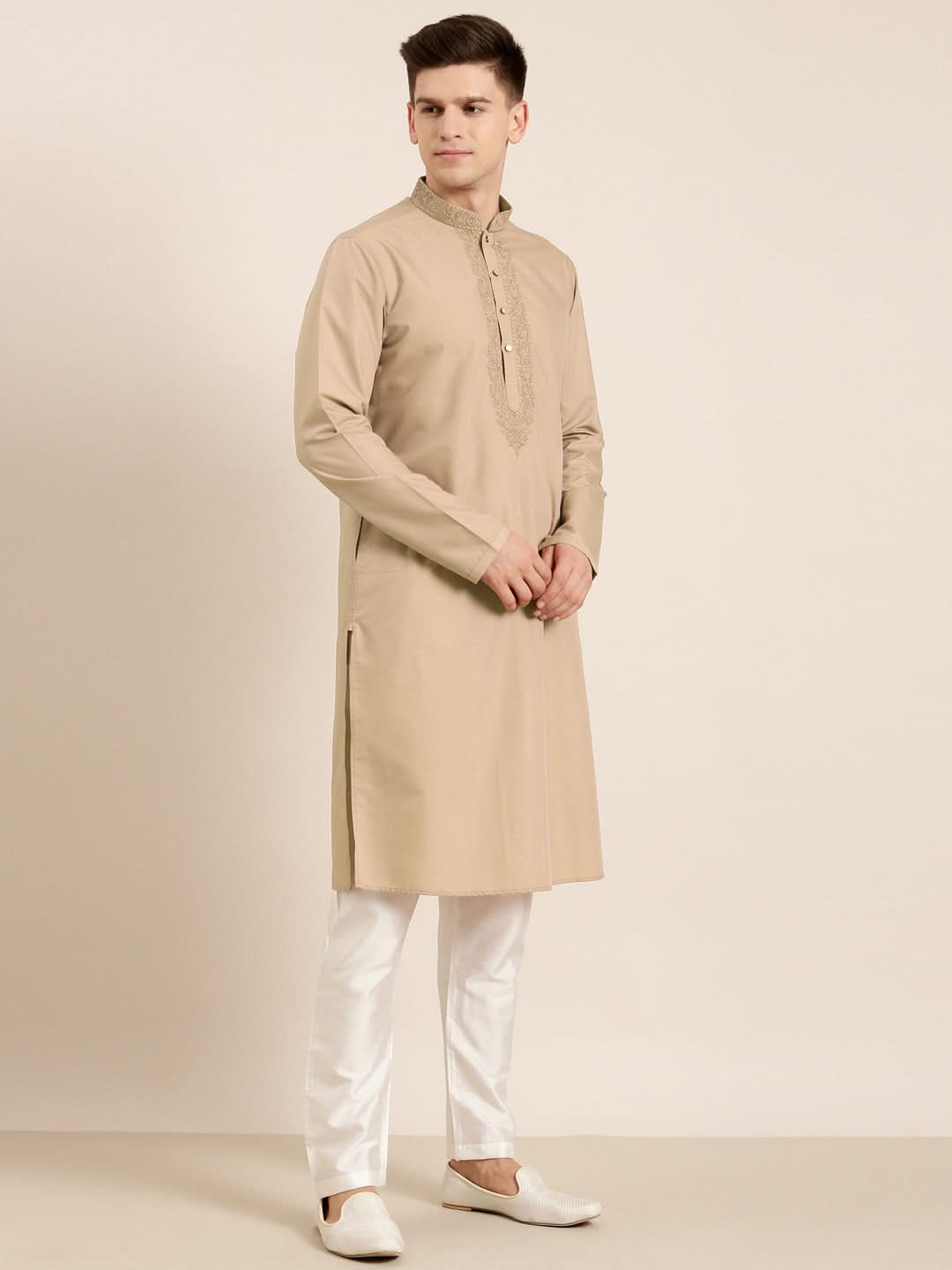 Beige Cotton Dori Embroidered Kurta Set
