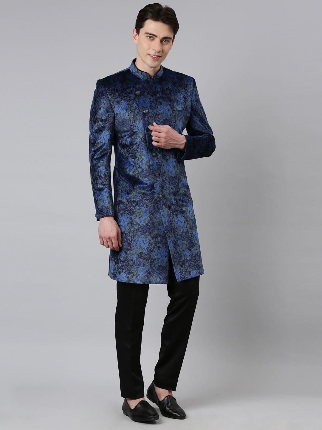 Blue Printed Velvet Angrakha Indowestern