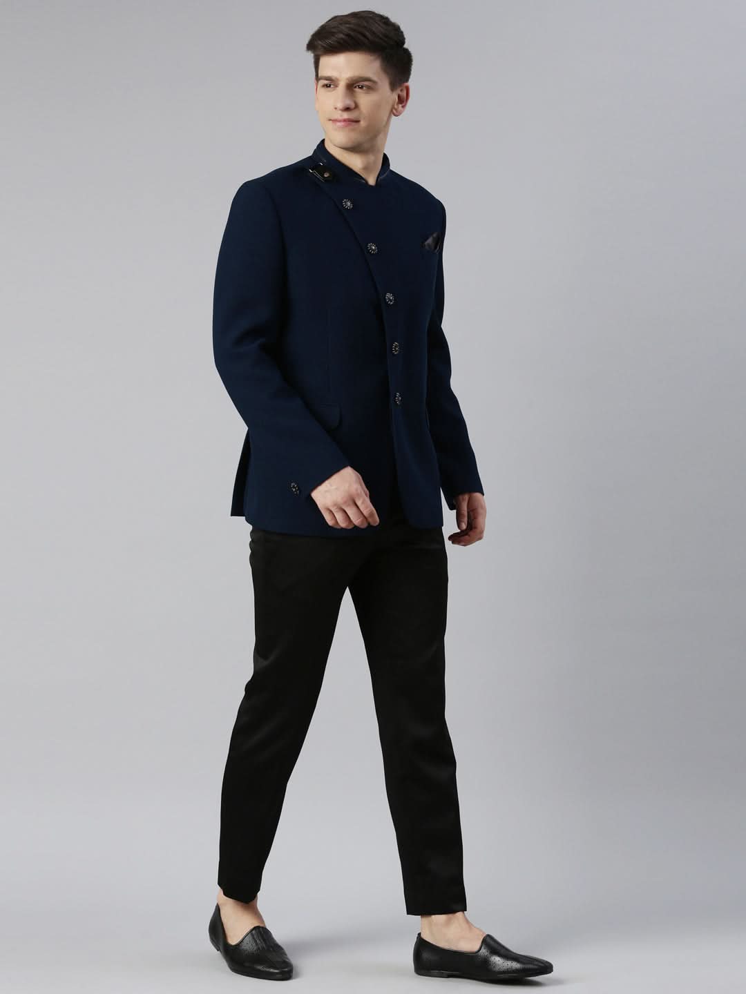 Teal Blue textured Bandhgala with leather detailing