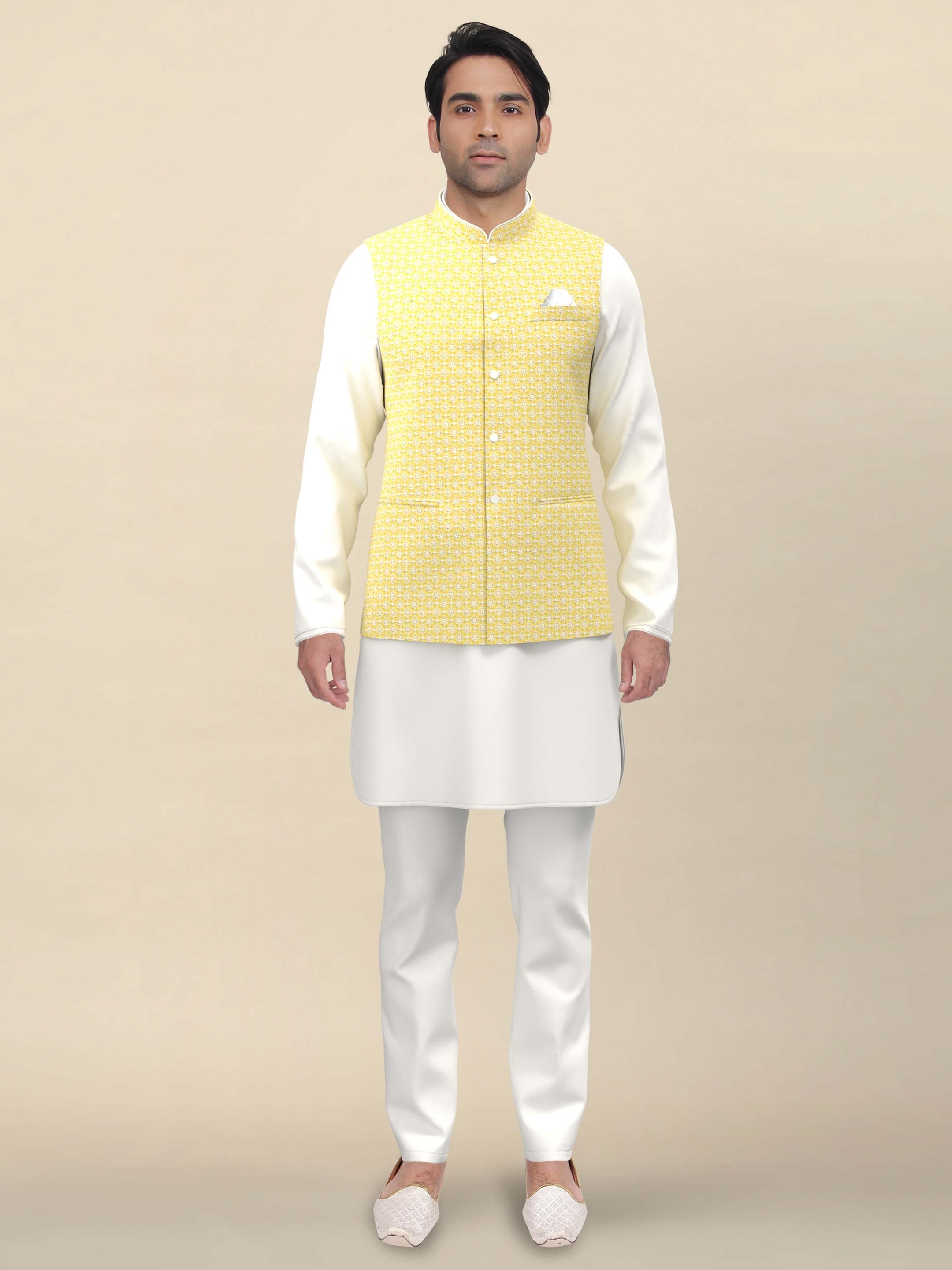 Yellow Chikankari Jacket Kurta Set