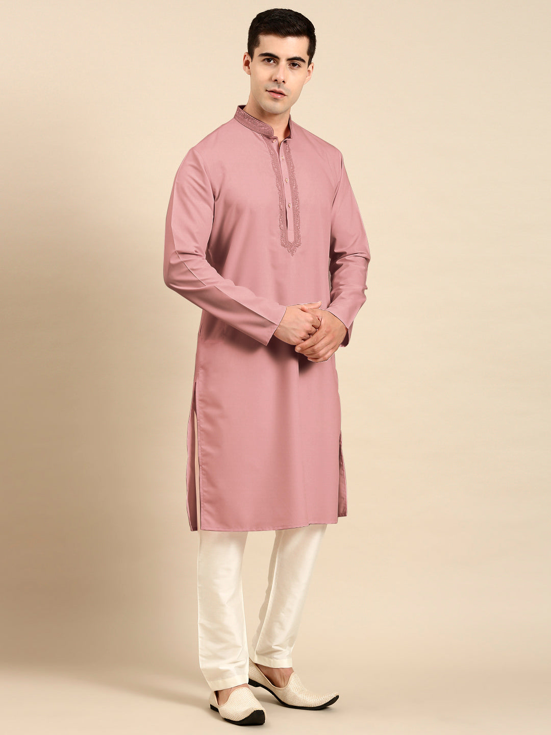 Rose Pink Cotton Dori Embroidered Kurta Set