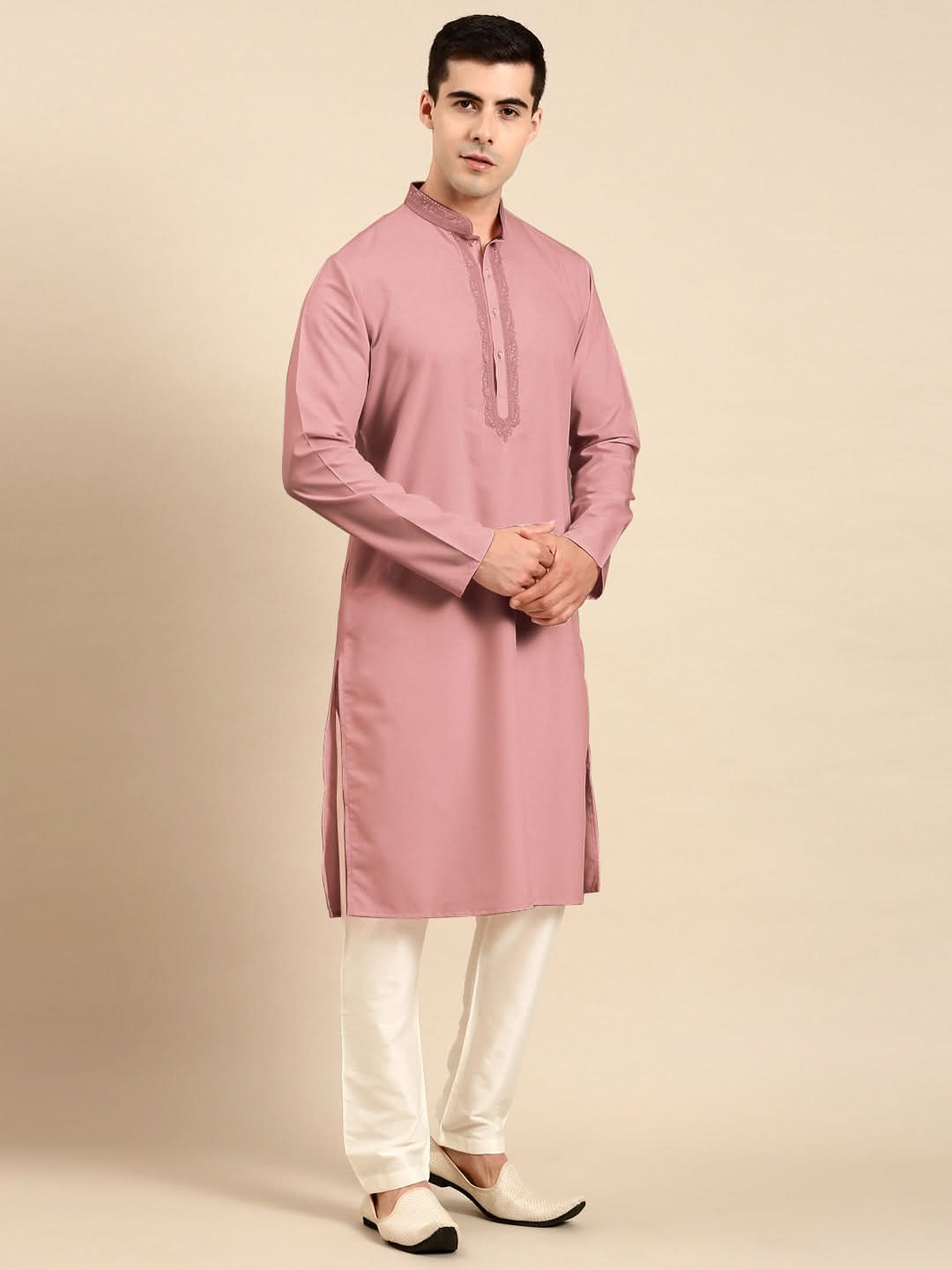Rose Pink Cotton Dori Embroidered Kurta Set