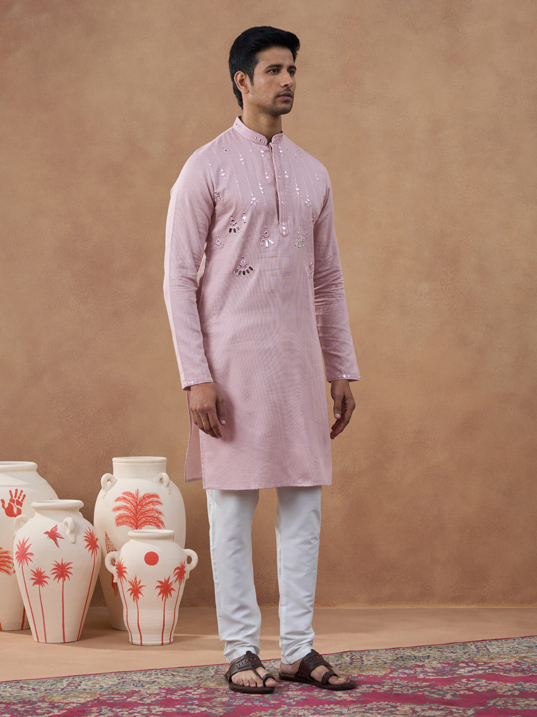 Peach Mirror Embroidered Kurta Set