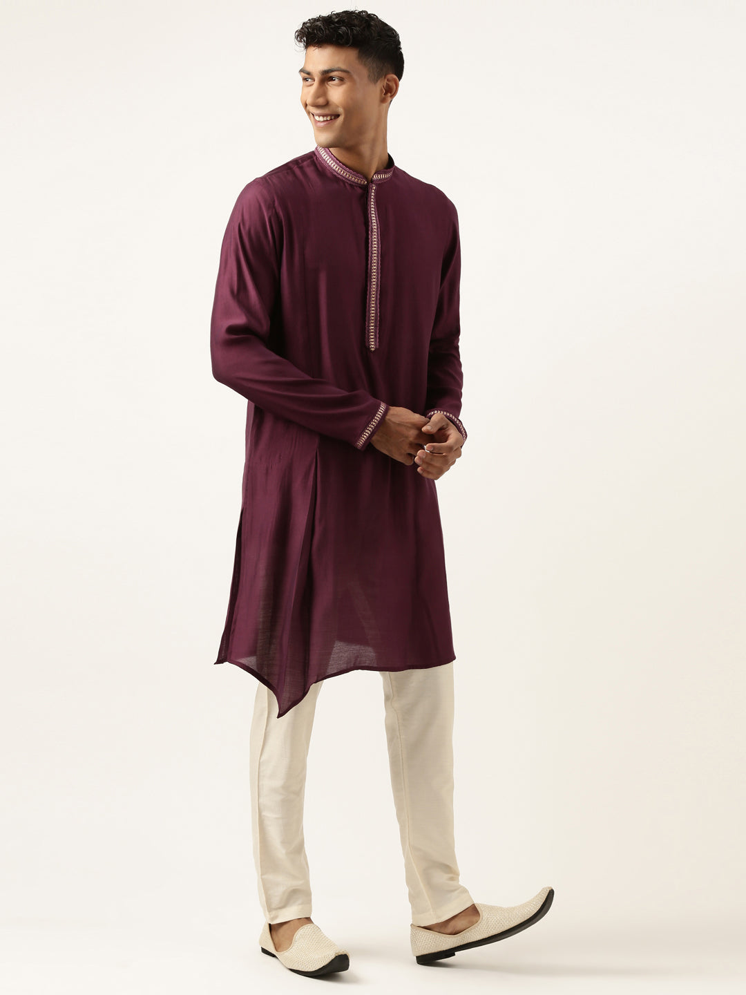Wine Asymetric Embroidered Kurta Set