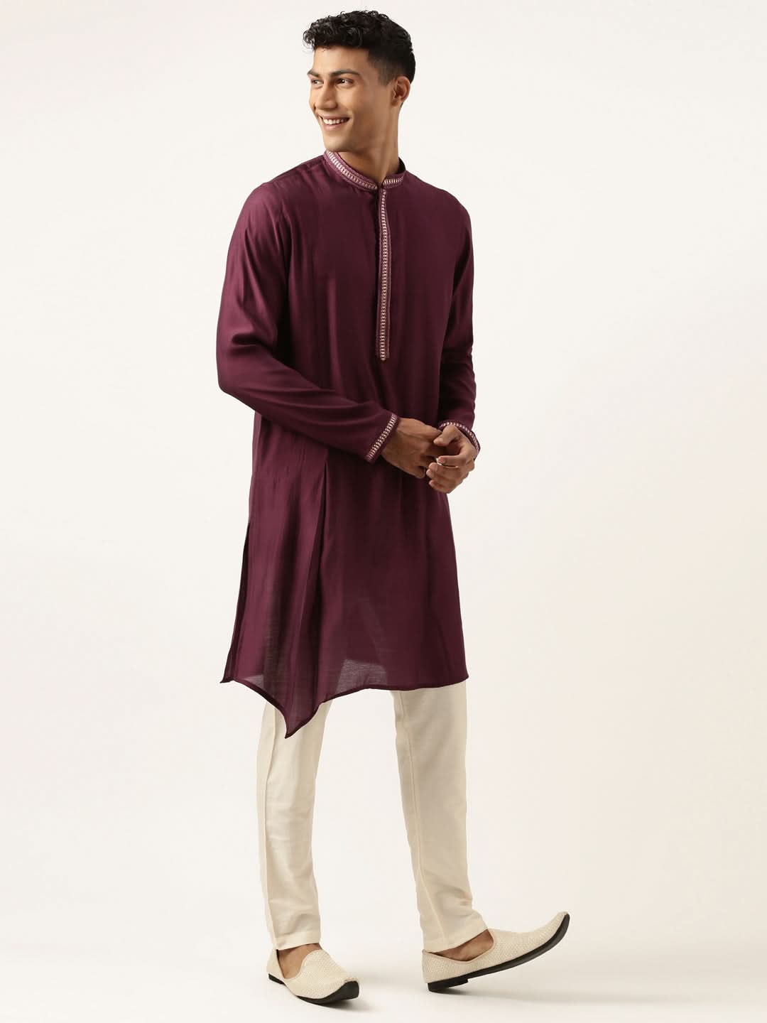 Wine Asymetric Embroidered Kurta Set