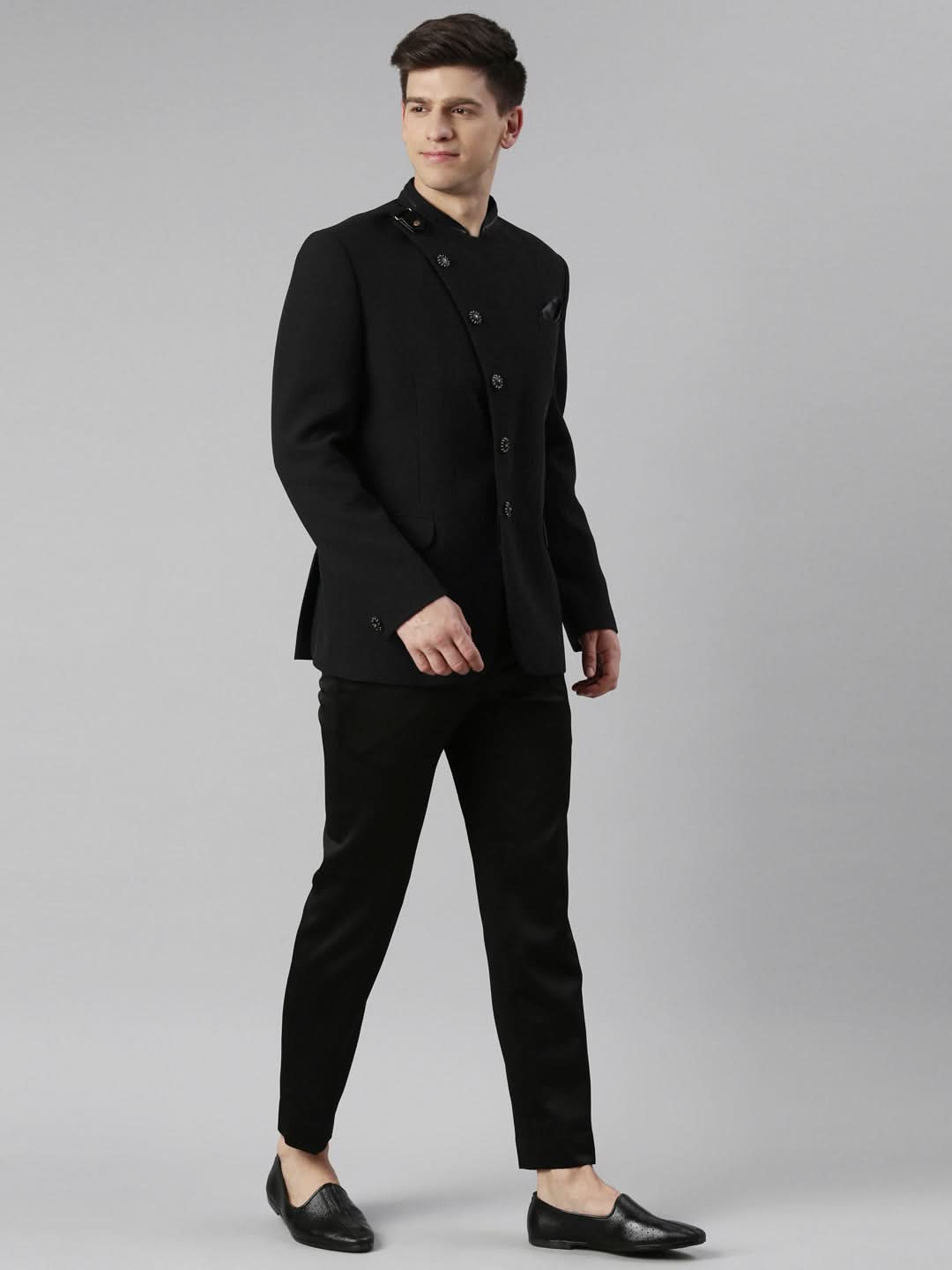 Black textured Bandhgala Set with leather detailing