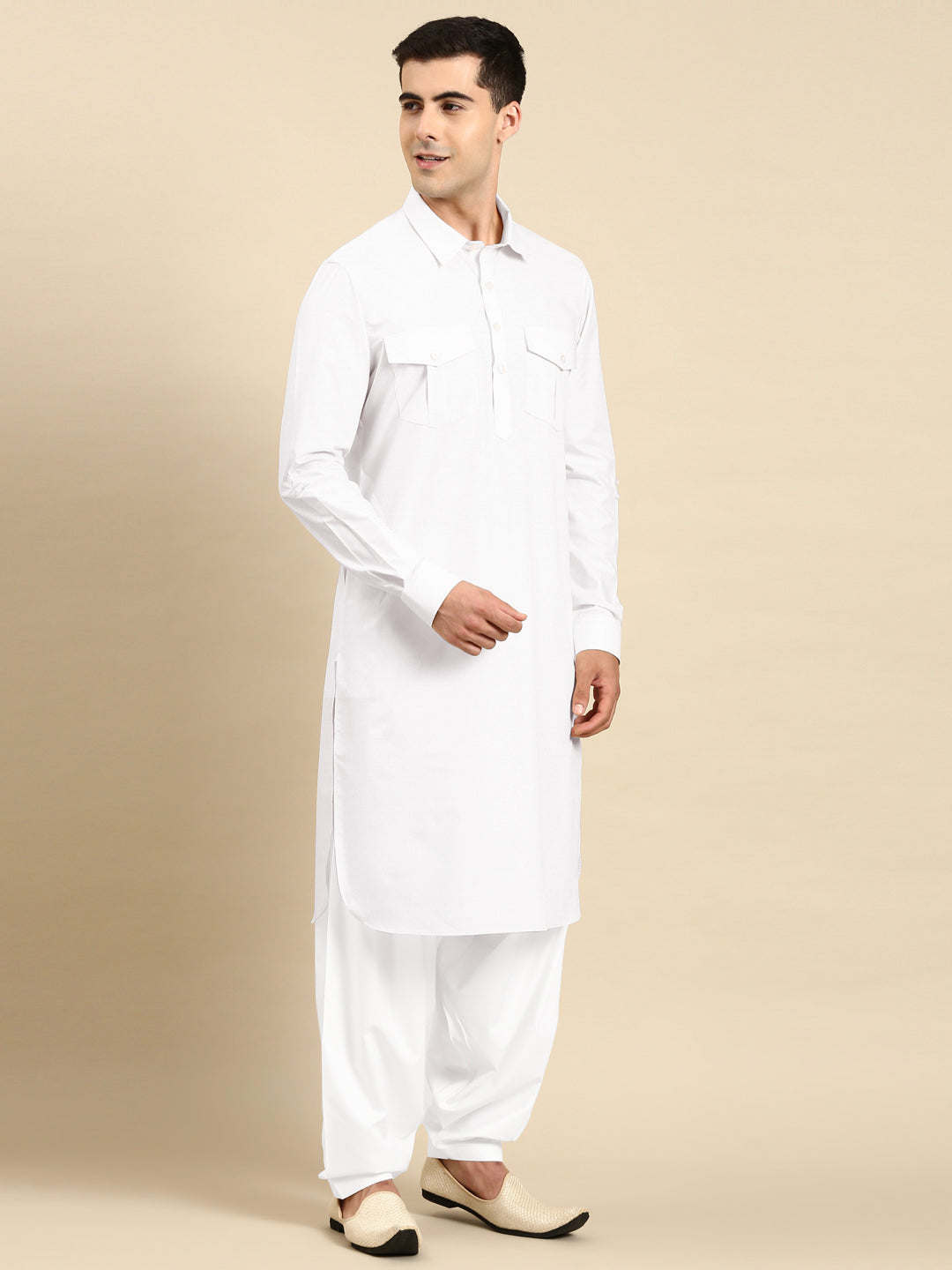 White Fine Cotton Pathani With Salwar
