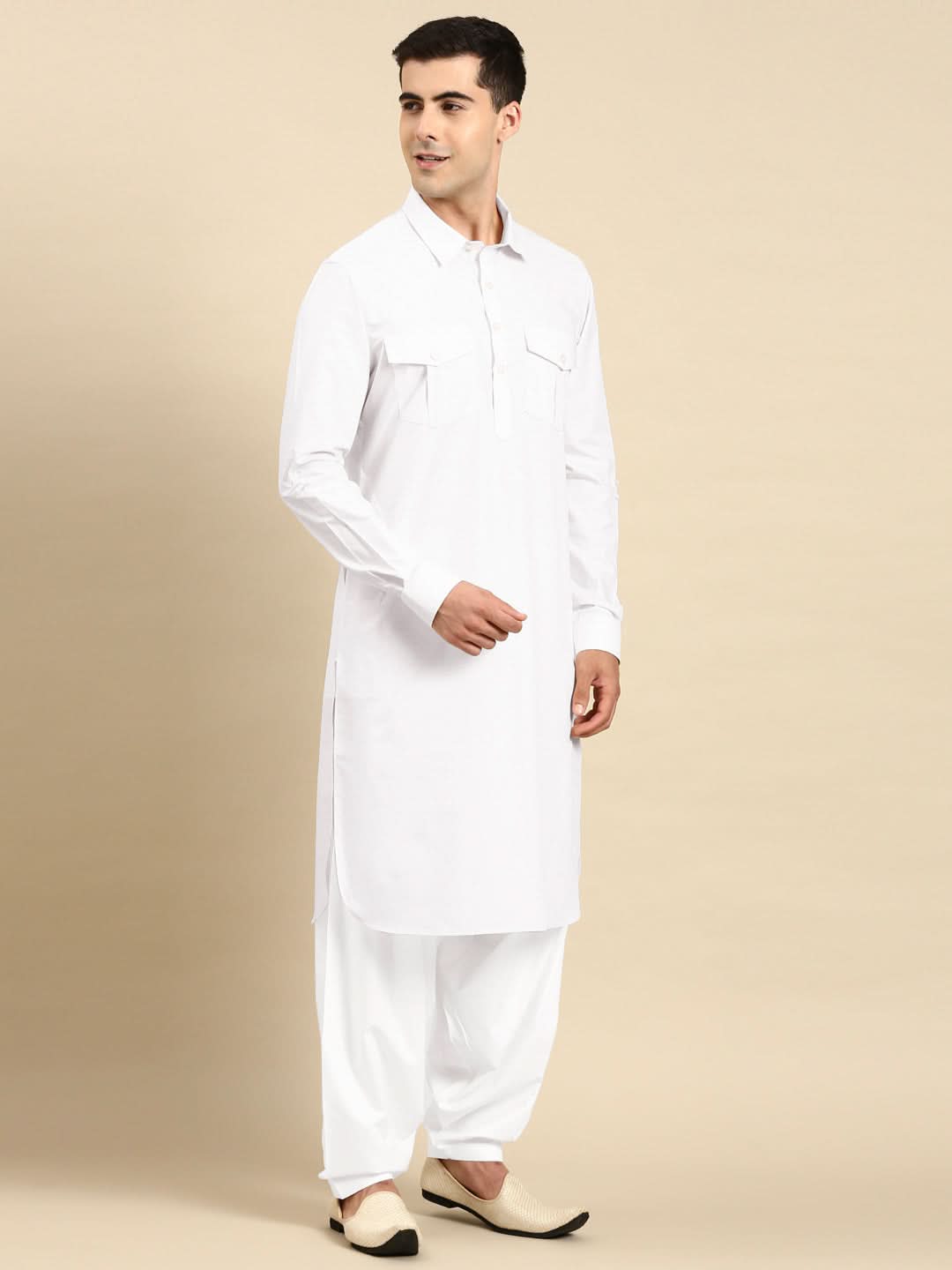White Fine Cotton Pathani With Salwar