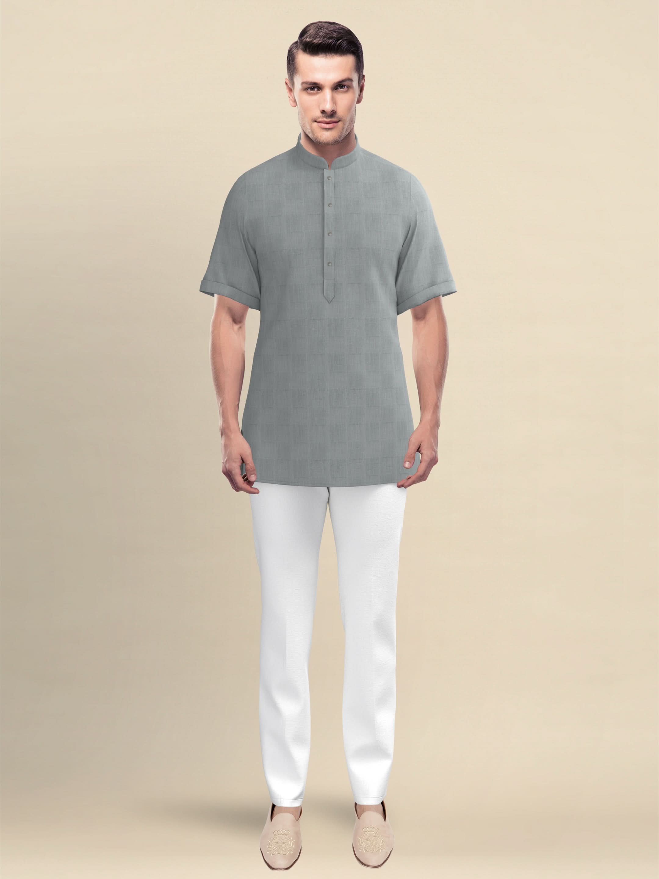 Grey Cotton Jacquard Short Kurta