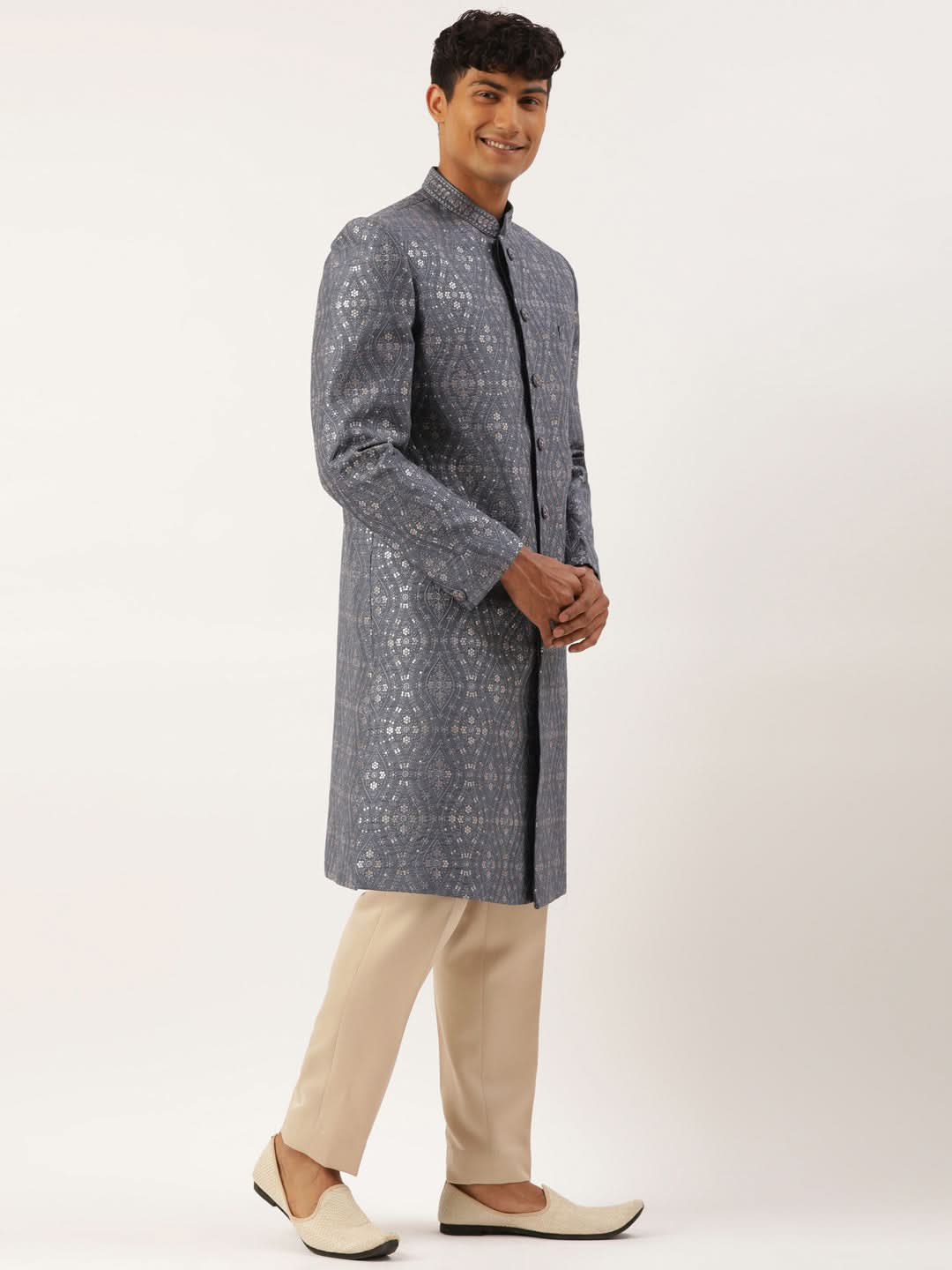 Grey silk Embroidered Indowestern